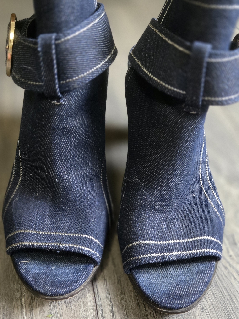 Denim Peep-Toe Ankle Boots with Buckle